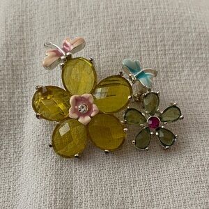 Floral Crystal Brooch Pin in Yellow and Green with Enamel Butterflies